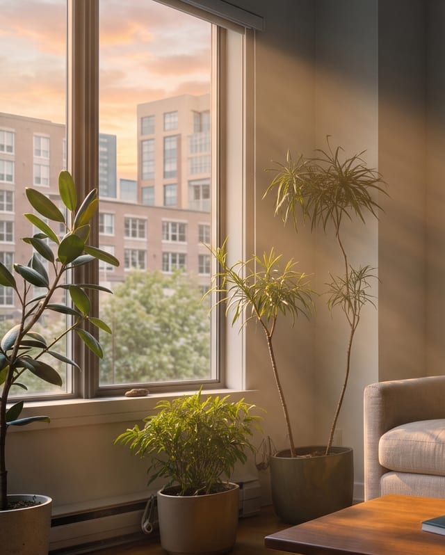 Detail of the same living room at dawn: low sun through the window.
