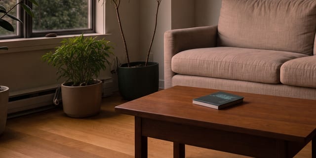 Detail of the same living room: warm low light pooling across the wood floor.