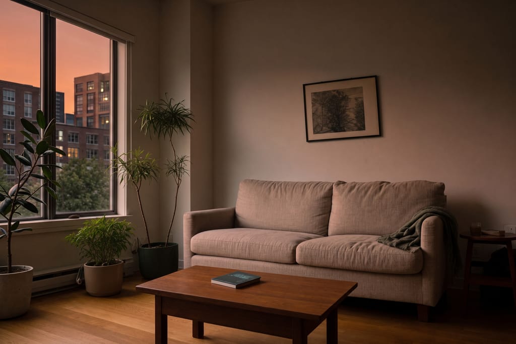 The same living room at dusk, low coral light through the window, the room dimming.