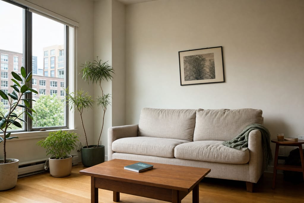 The same living room at midday, bright even daylight, no lamps on.
